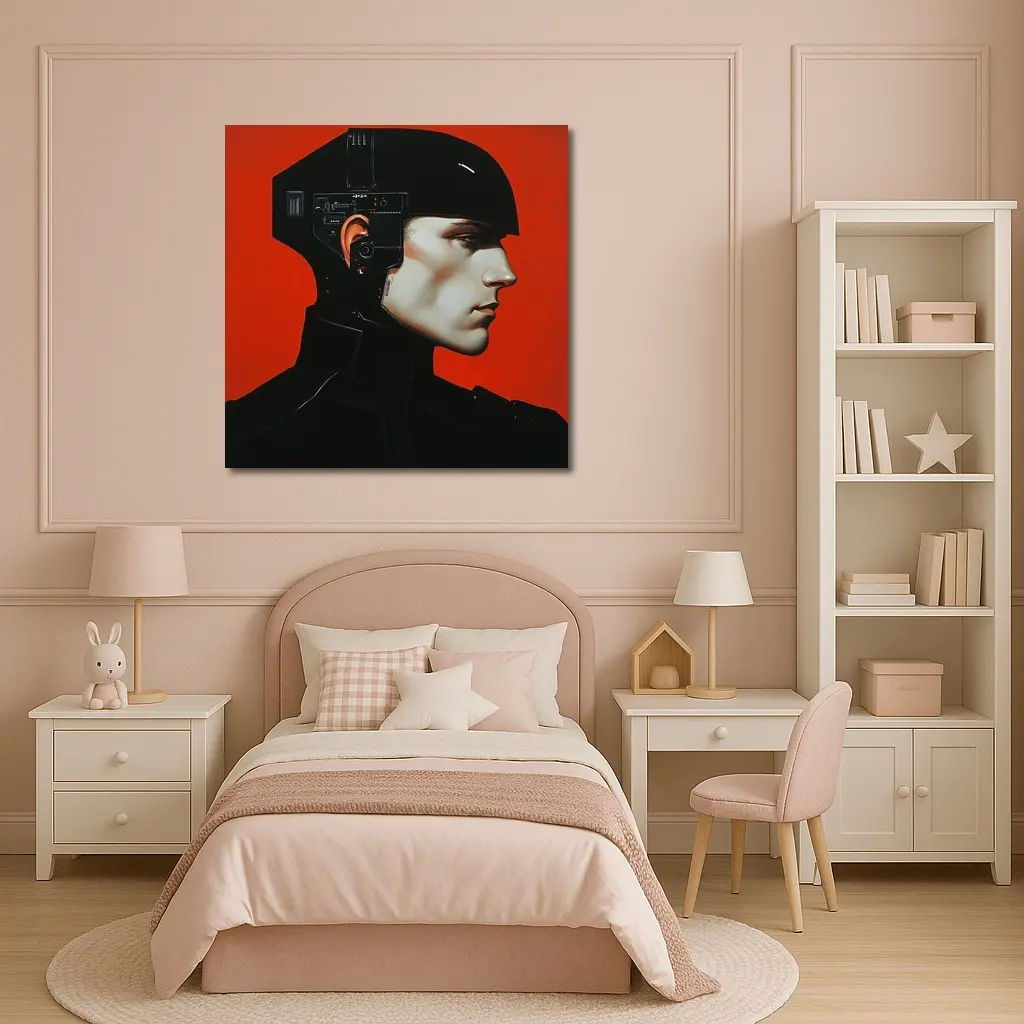 Cyberpunk Soldier Portrait Red Background Art – Wall Art