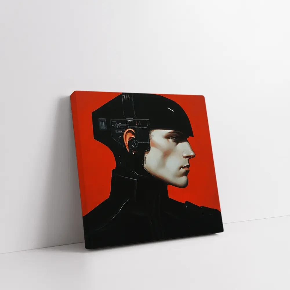 Cyberpunk Soldier Portrait Red Background Art – Wall Art