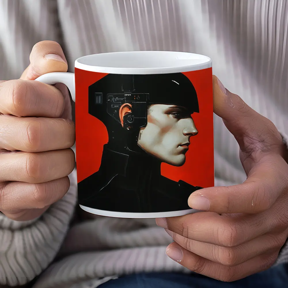 Cyberpunk Soldier Portrait Red Background Art – Mugs