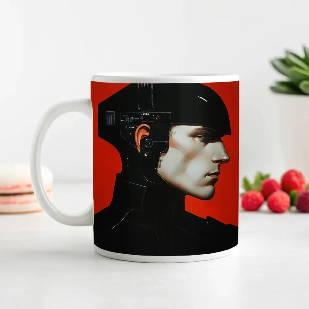 Cyberpunk Soldier Portrait Red Background Art – Mugs