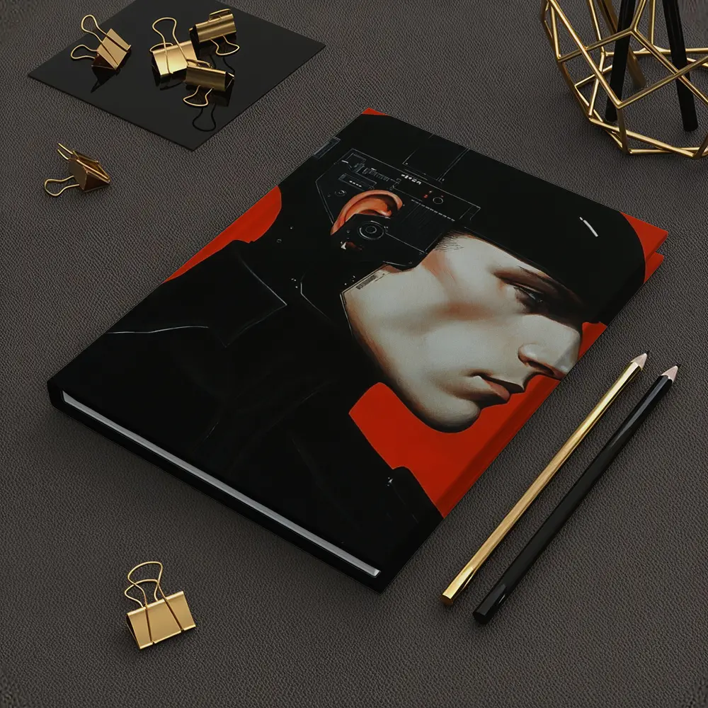 Cyberpunk Soldier Portrait Red Background Art – Notebooks