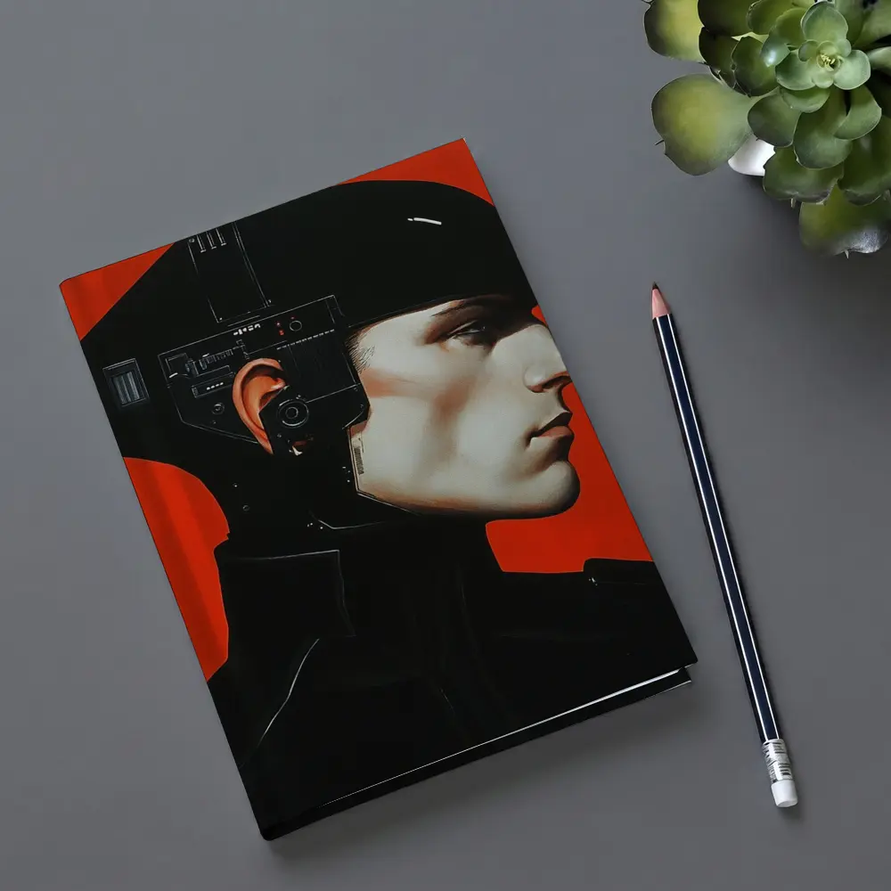Cyberpunk Soldier Portrait Red Background Art – Notebooks