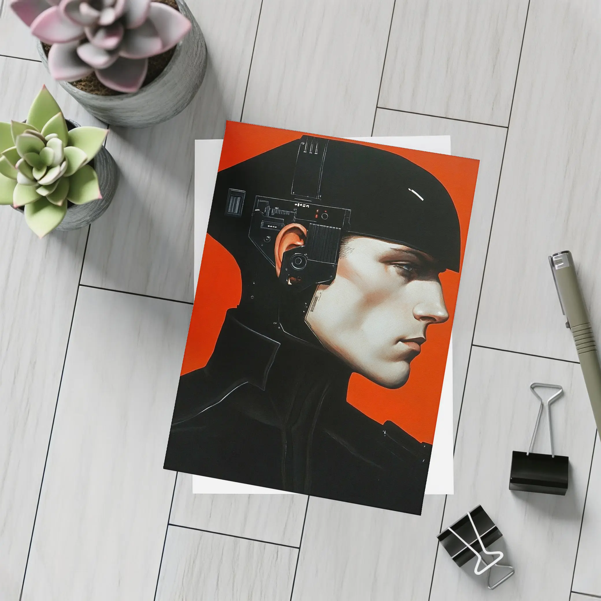 Cyberpunk Soldier Portrait Red Background Art – Postcards