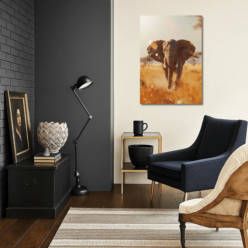 African Elephant Walking Through Golden Savanna – Wall Art