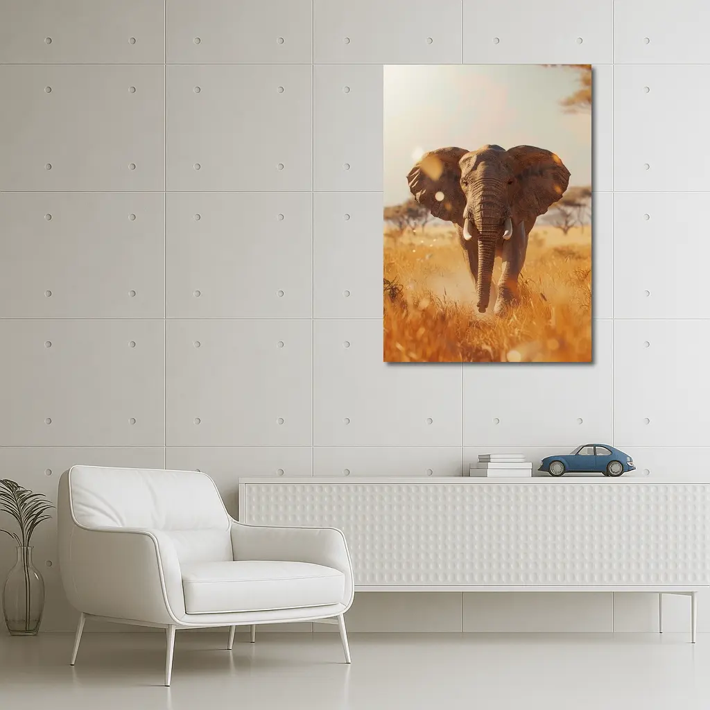 African Elephant Walking Through Golden Savanna – Wall Art