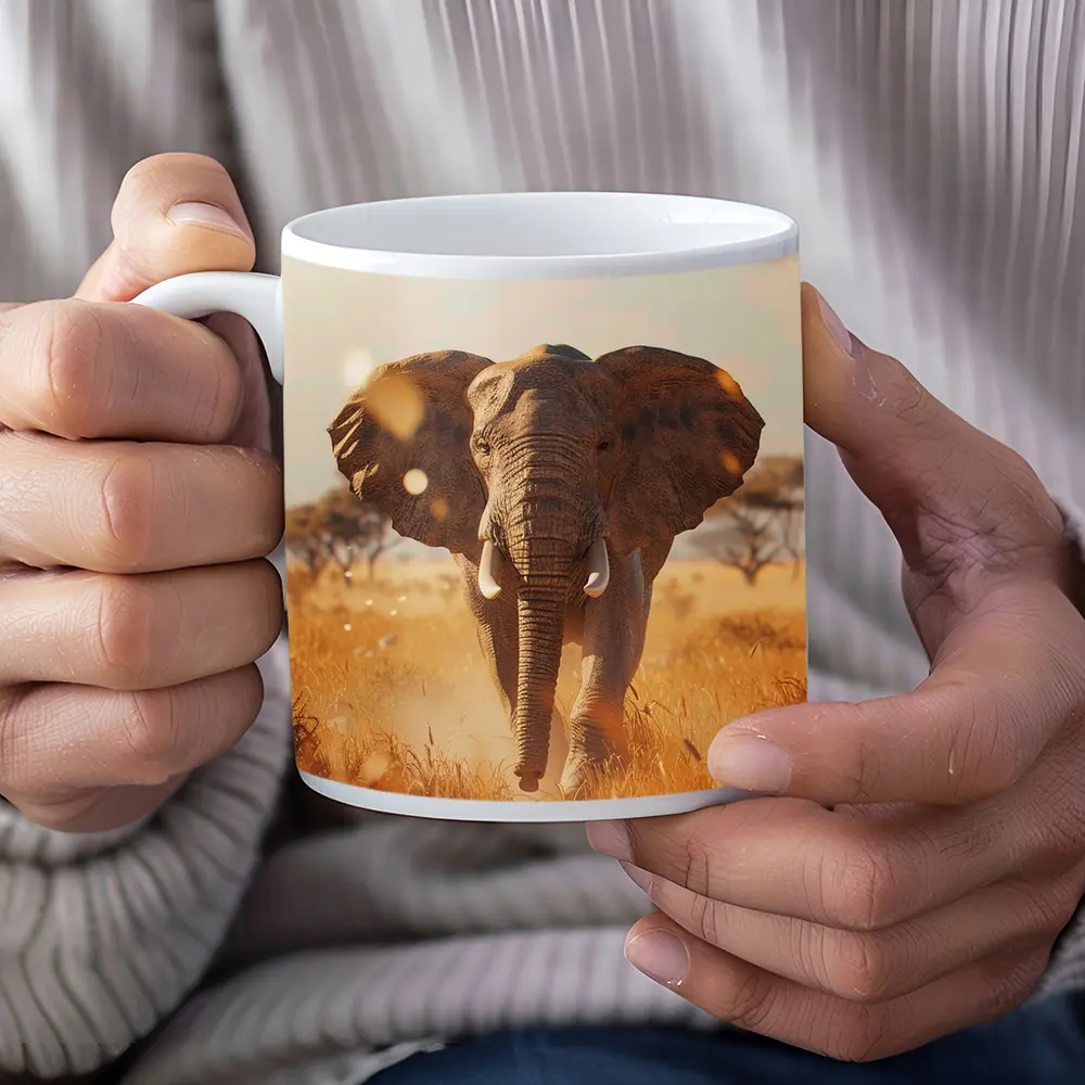 African Elephant Walking Through Golden Savanna – Mugs