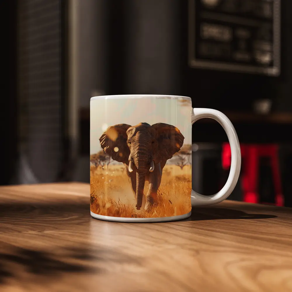 African Elephant Walking Through Golden Savanna – Mugs