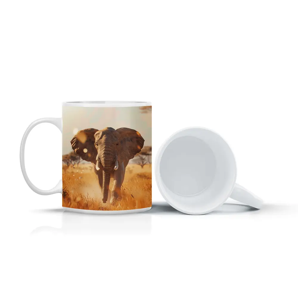 African Elephant Walking Through Golden Savanna – Mugs