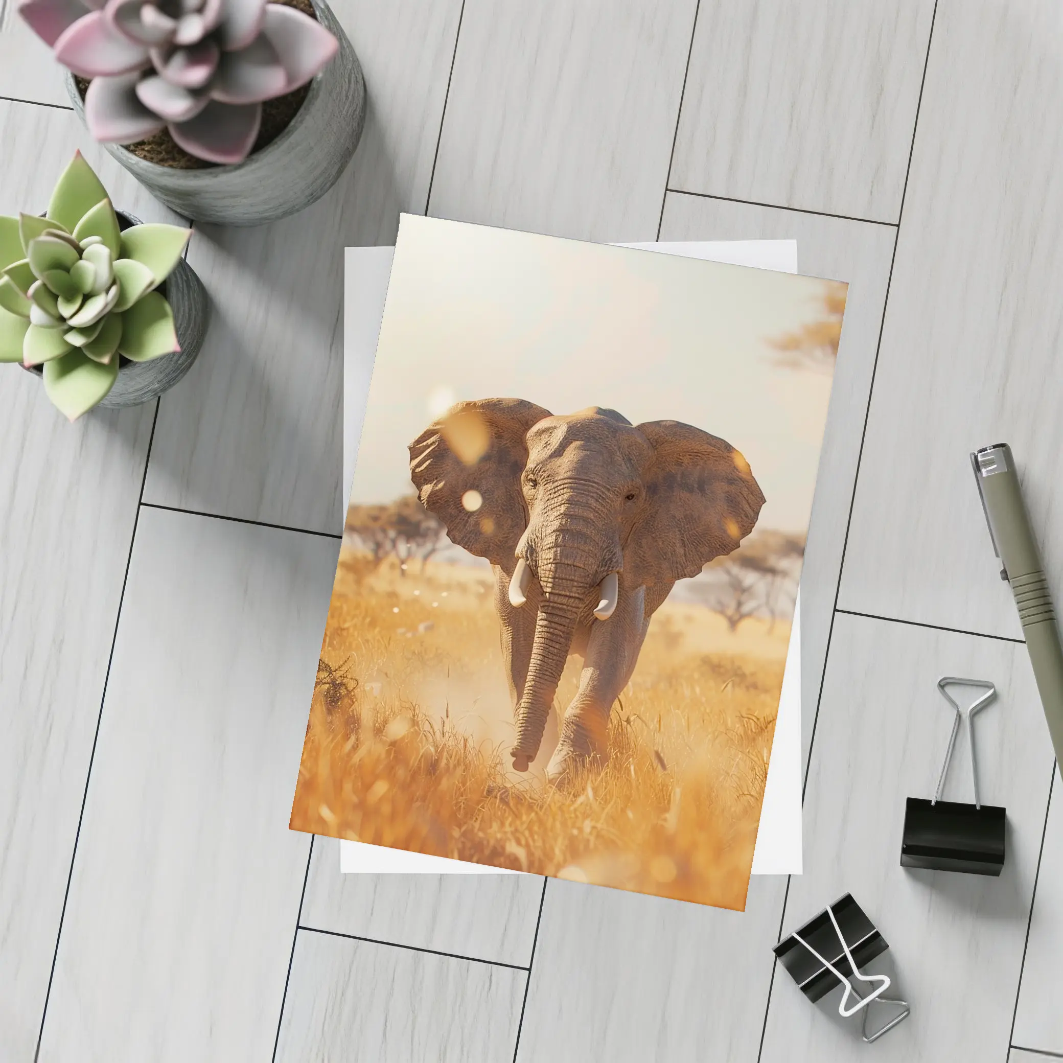 African Elephant Walking Through Golden Savanna – Postcards
