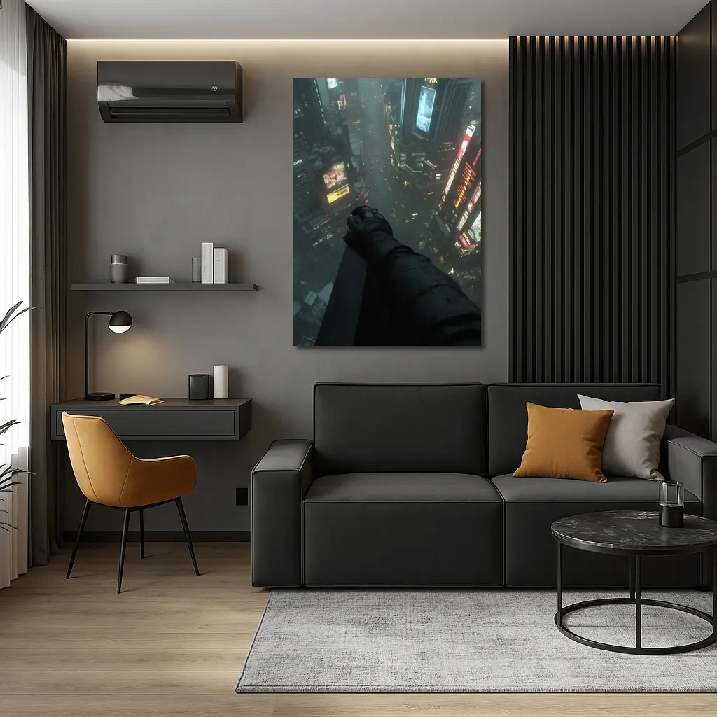 Dark Figure Overlooking Rainy Neon City Streets – Wall Art