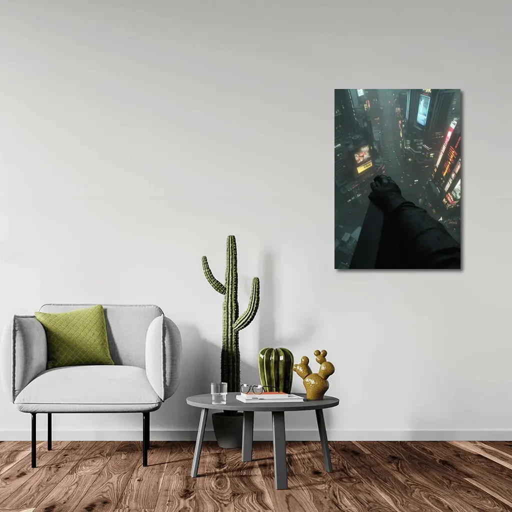 Dark Figure Overlooking Rainy Neon City Streets – Wall Art