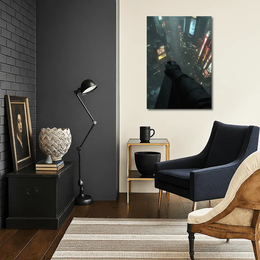 Dark Figure Overlooking Rainy Neon City Streets – Wall Art