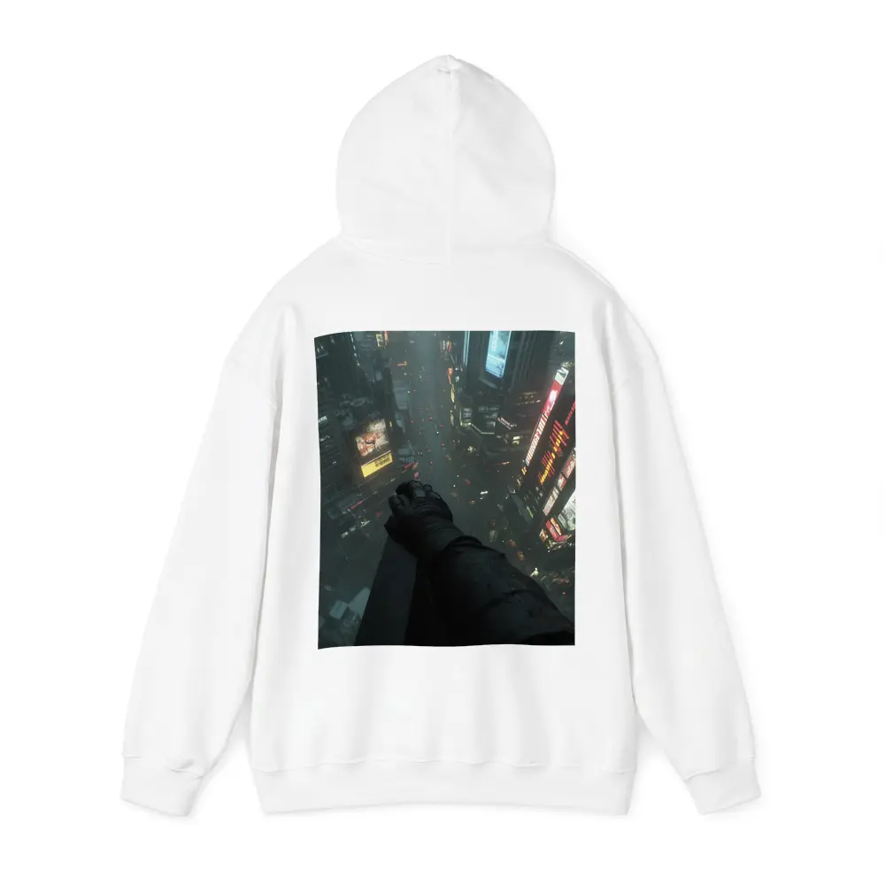 Dark Figure Overlooking Rainy Neon City Streets – Hoodies