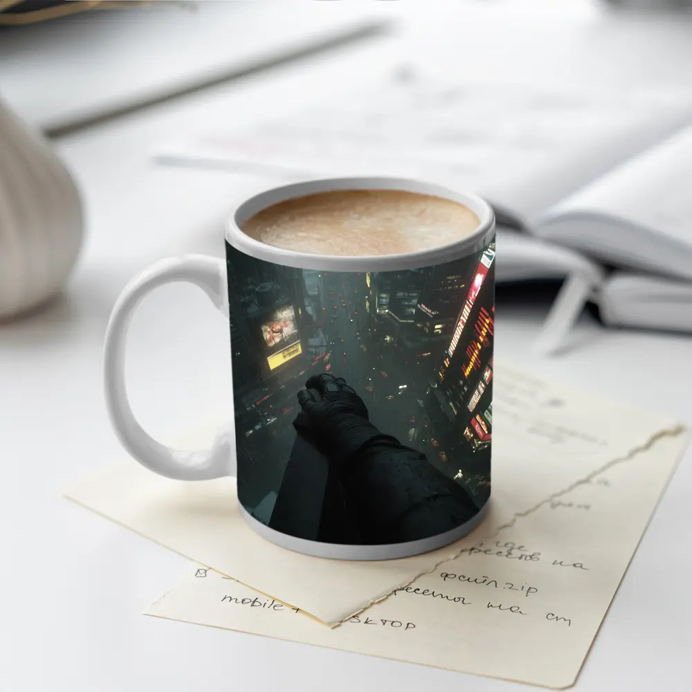 Dark Figure Overlooking Rainy Neon City Streets – Mugs