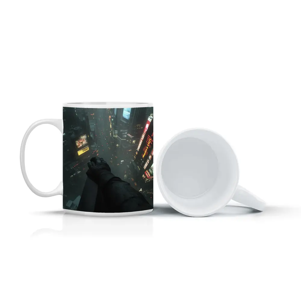 Dark Figure Overlooking Rainy Neon City Streets – Mugs