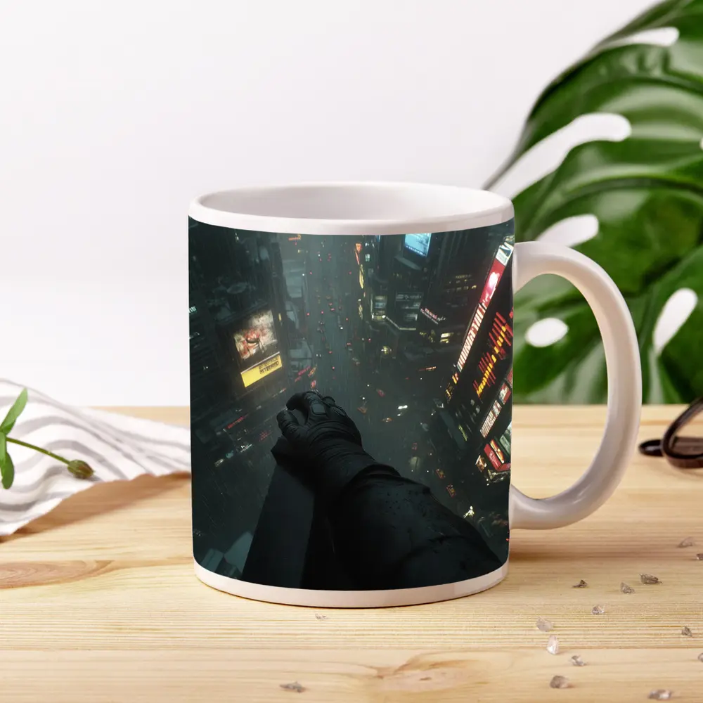 Dark Figure Overlooking Rainy Neon City Streets – Mugs