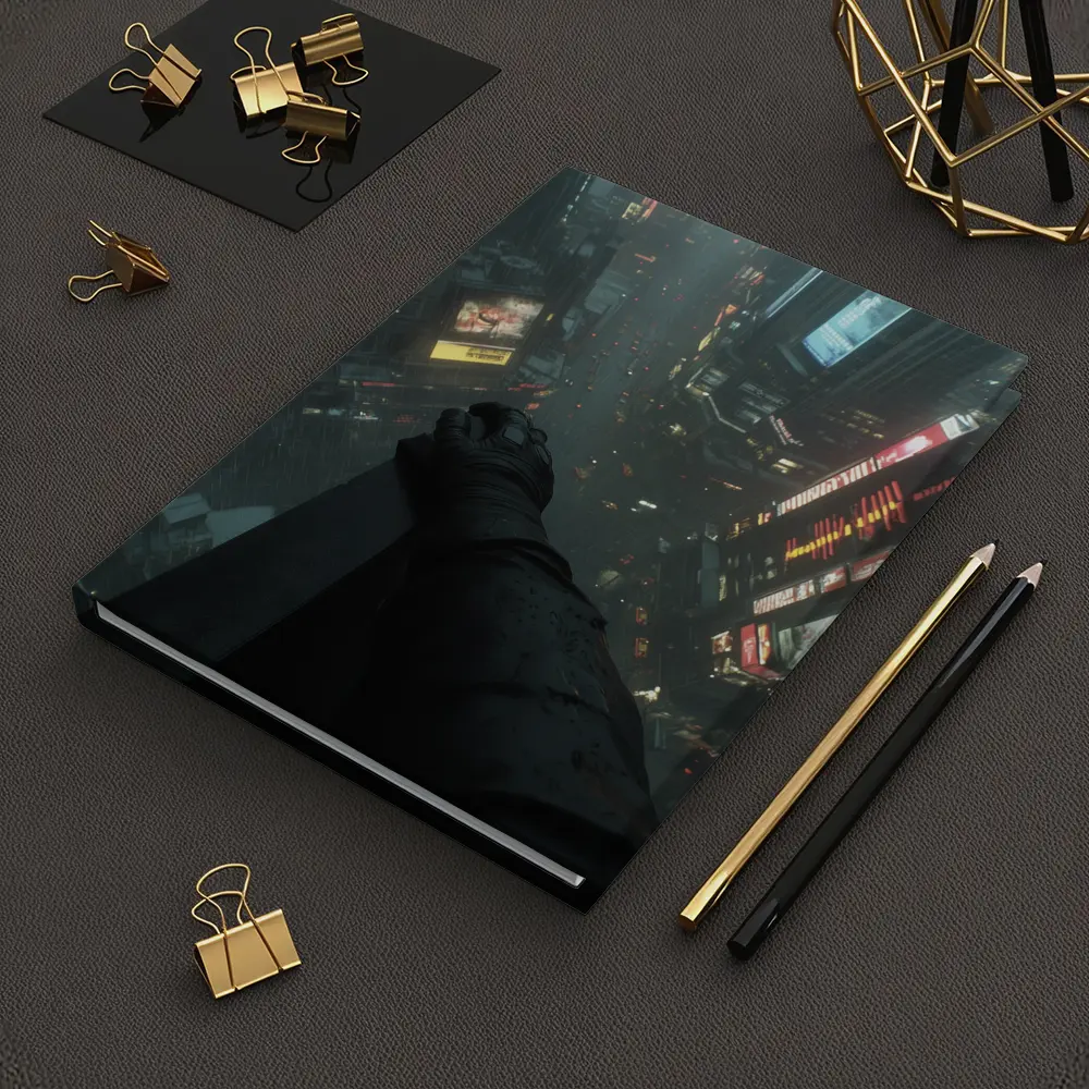 Dark Figure Overlooking Rainy Neon City Streets – Notebooks