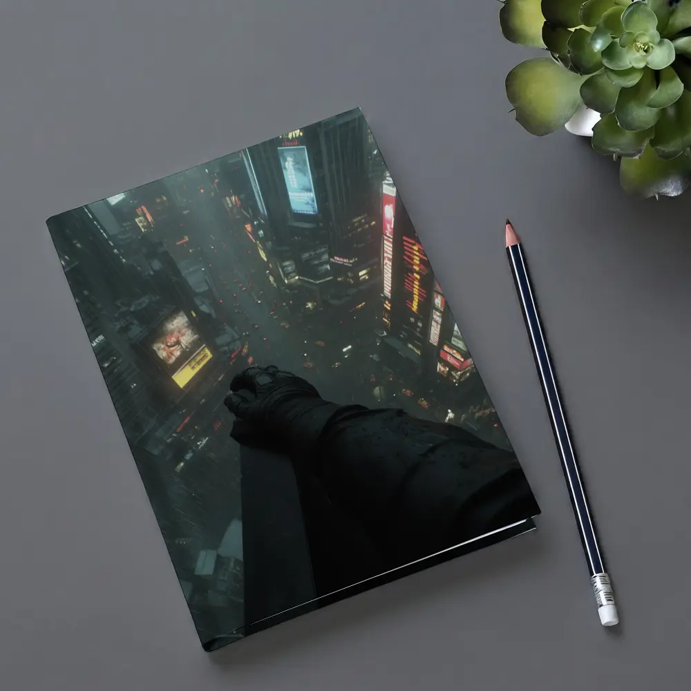 Dark Figure Overlooking Rainy Neon City Streets – Notebooks