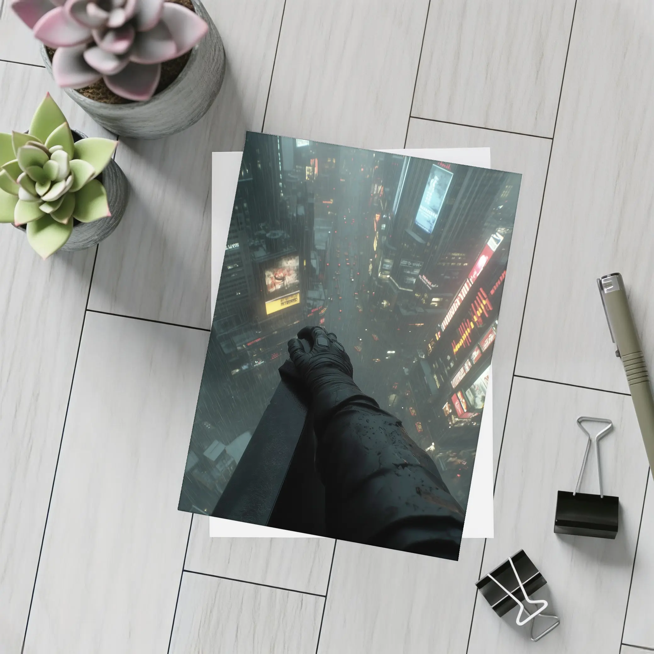Dark Figure Overlooking Rainy Neon City Streets – Postcards
