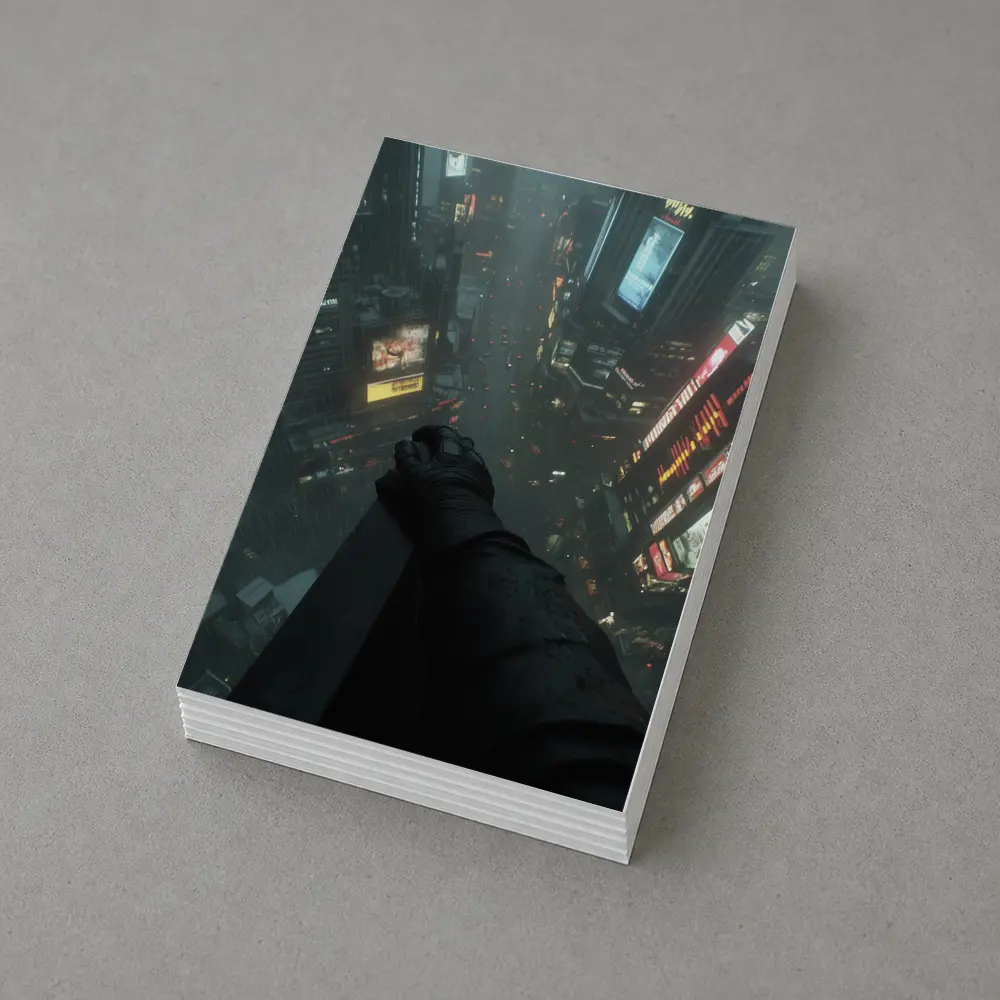 Dark Figure Overlooking Rainy Neon City Streets – Postcards