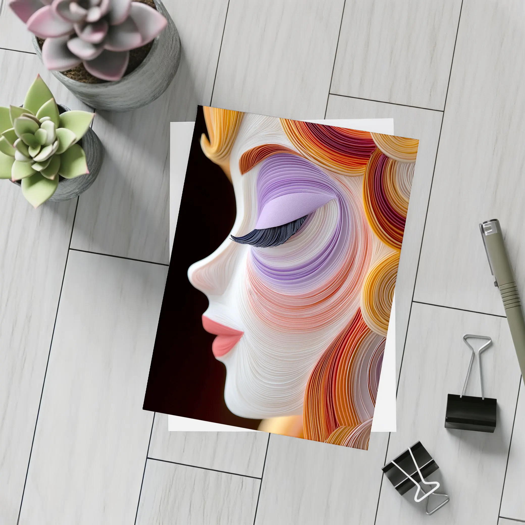 Quilling Art Woman Face Profile Dark Background – Postcards
