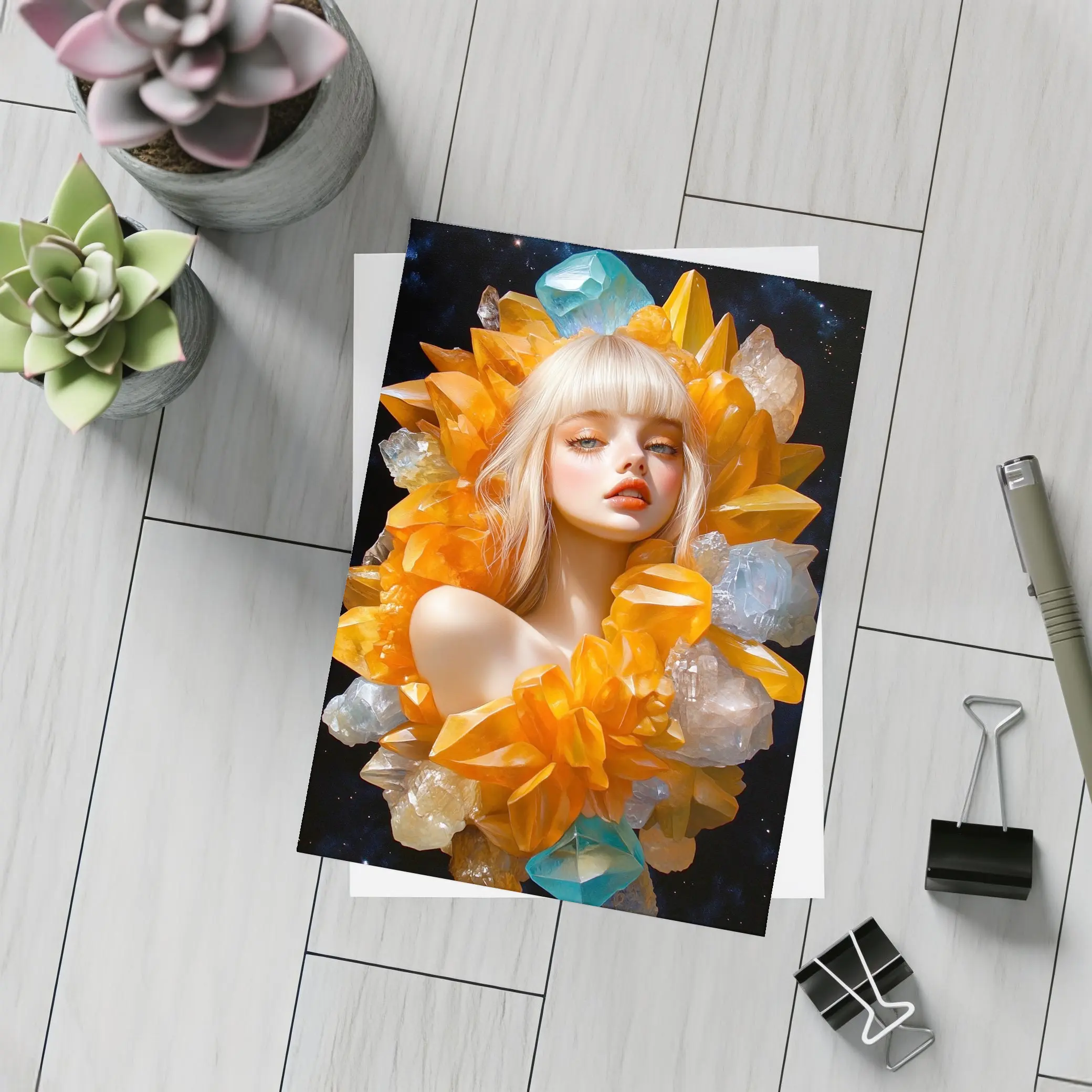 Crystal Girl Fantasy Portrait Dark Space Background – Postcards