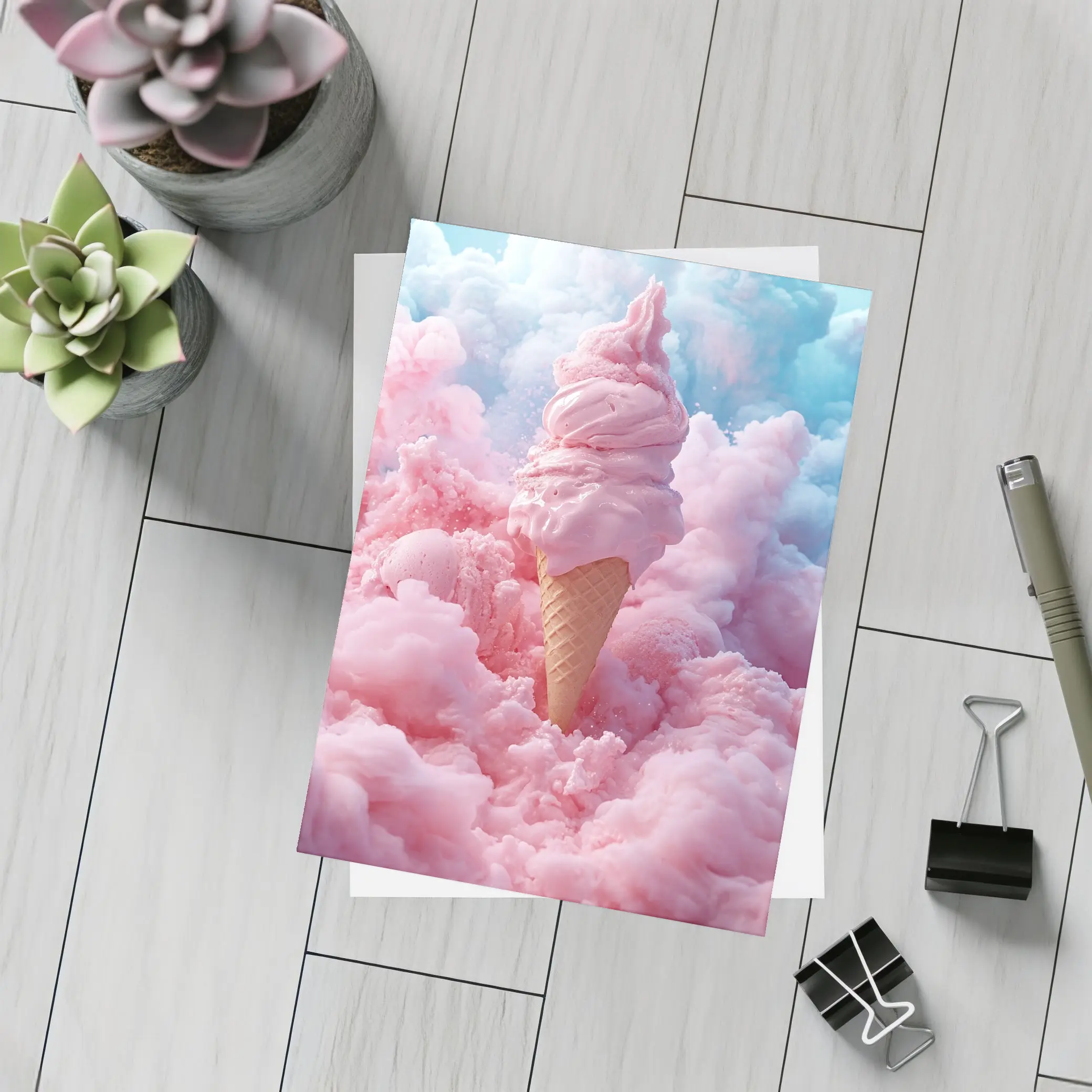 Pink Ice Cream Cone Cotton Candy Clouds – Postcards