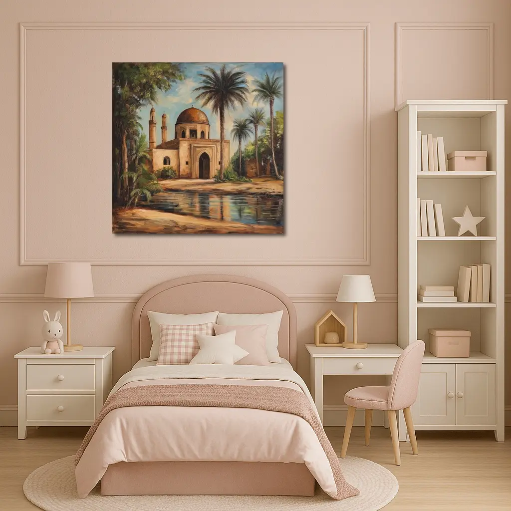 Mosque Oil Painting With Palm Trees – Wall Art
