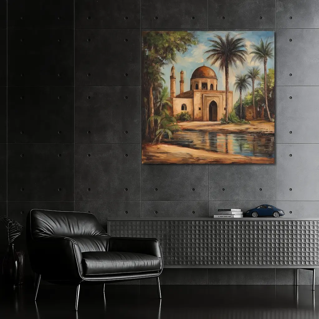 Mosque Oil Painting With Palm Trees – Wall Art