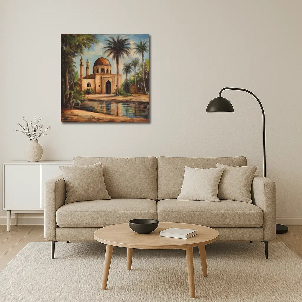 Mosque Oil Painting With Palm Trees – Wall Art