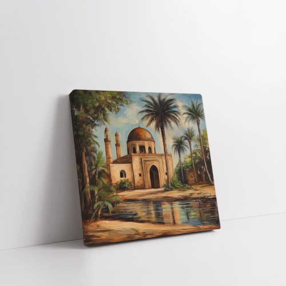 Mosque Oil Painting With Palm Trees – Wall Art