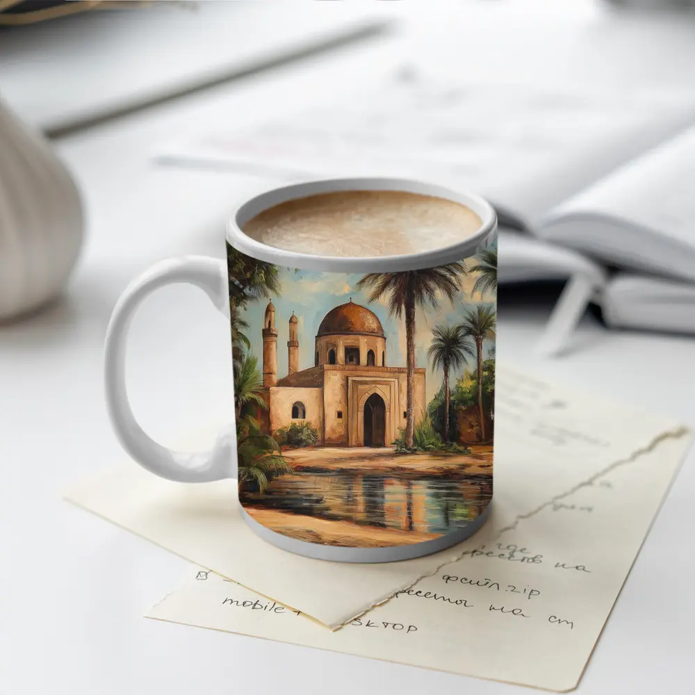 Mosque Oil Painting With Palm Trees – Mugs