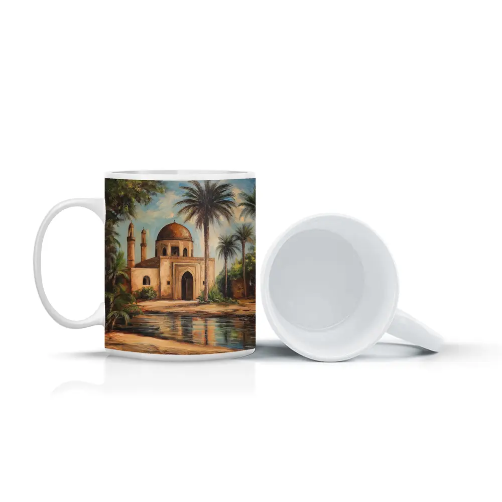 Mosque Oil Painting With Palm Trees – Mugs