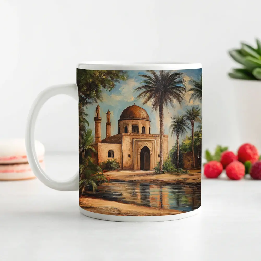 Mosque Oil Painting With Palm Trees – Mugs