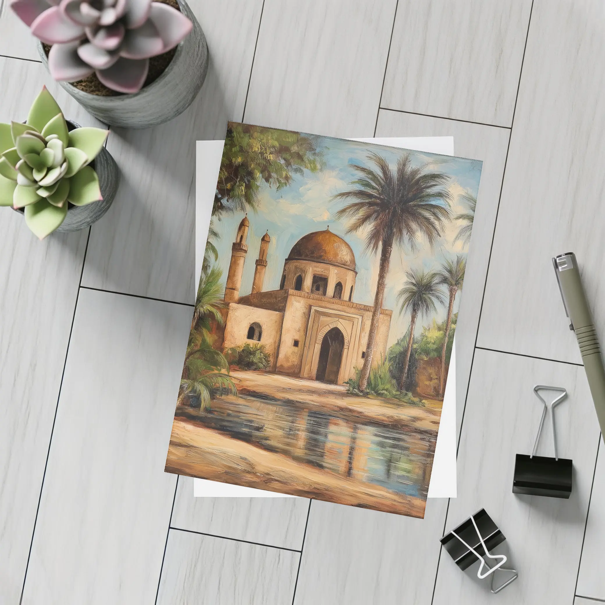 Mosque Oil Painting With Palm Trees – Postcards