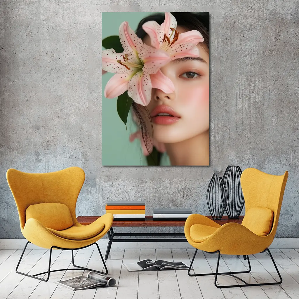 Asian Woman Portrait Pink Lily Flower – Wall Art