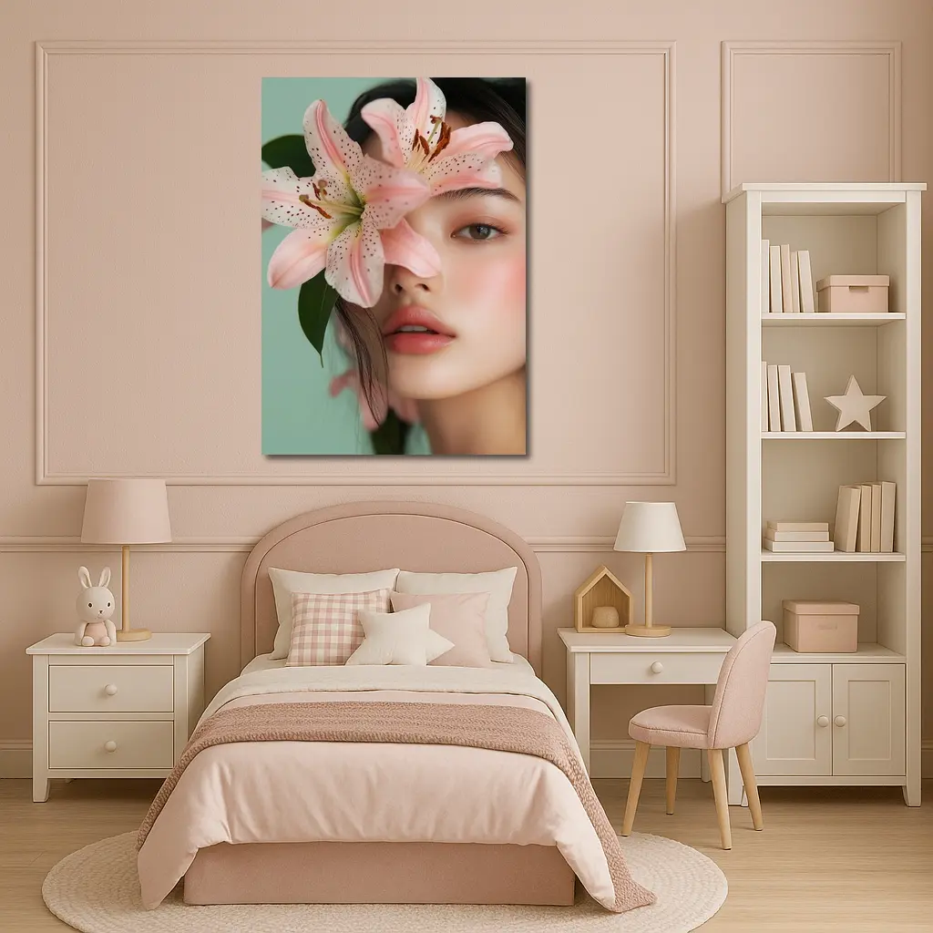 Asian Woman Portrait Pink Lily Flower – Wall Art