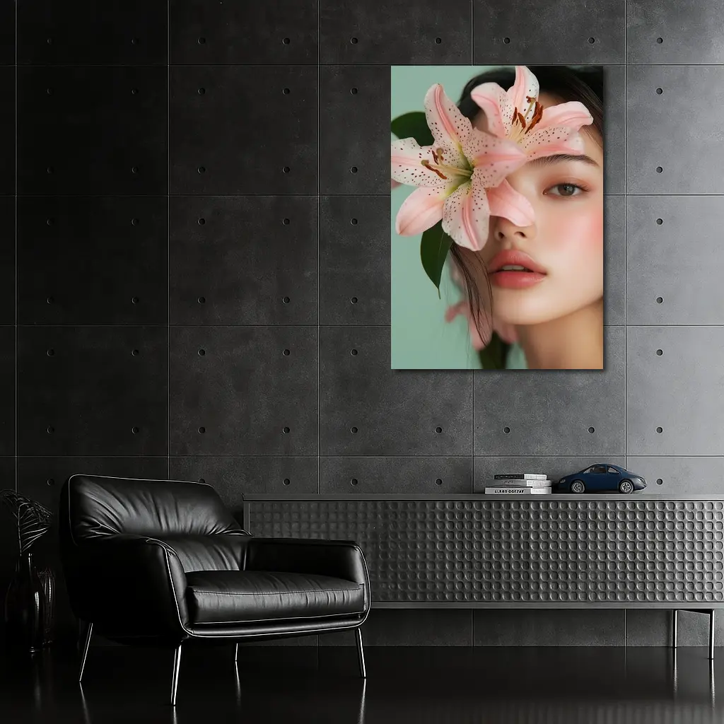 Asian Woman Portrait Pink Lily Flower – Wall Art