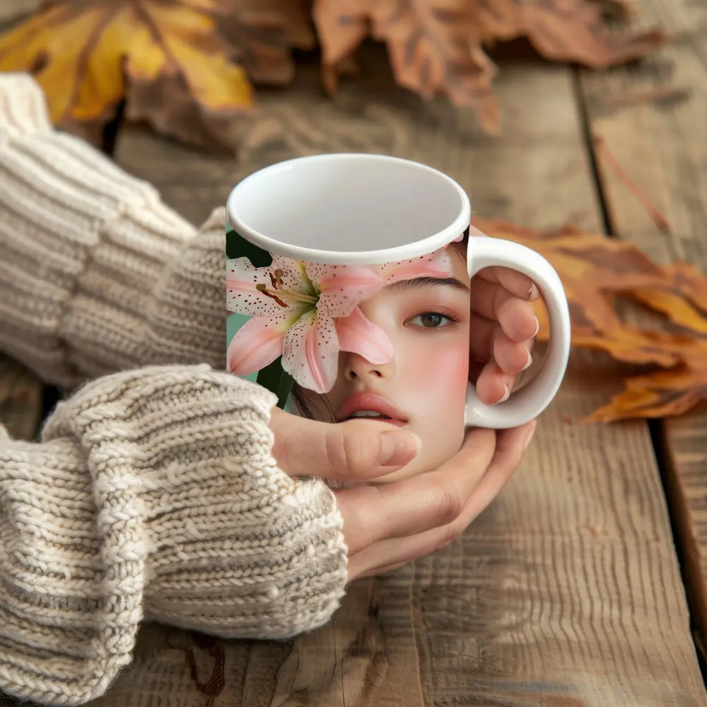 Asian Woman Portrait Pink Lily Flower – Mugs