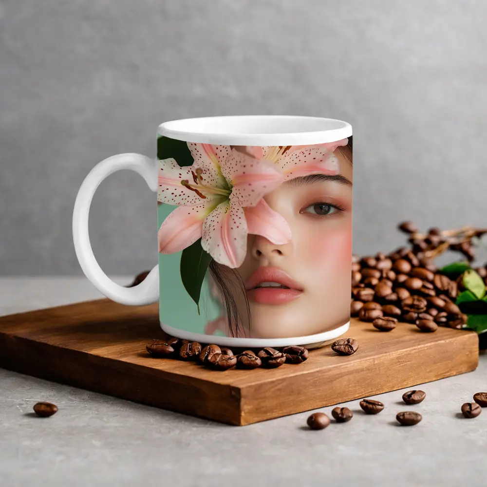 Asian Woman Portrait Pink Lily Flower – Mugs