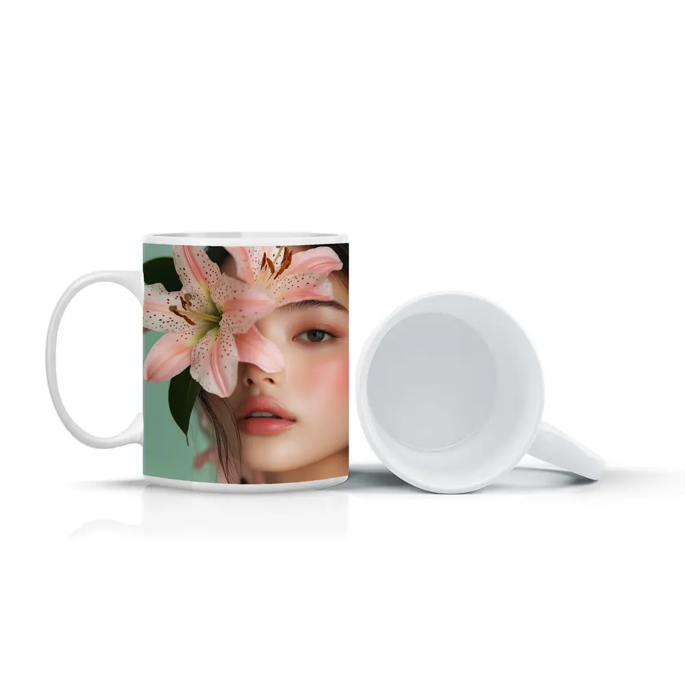 Asian Woman Portrait Pink Lily Flower – Mugs