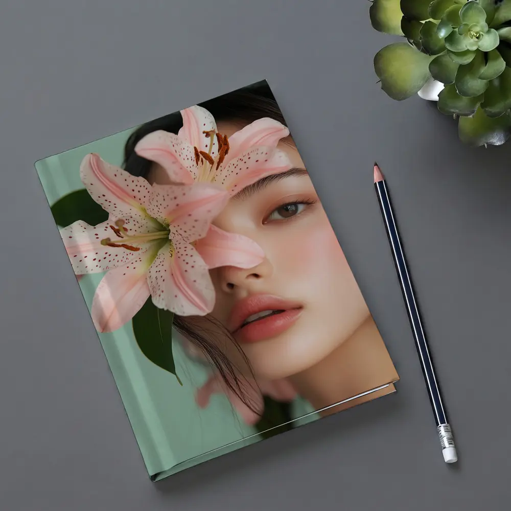 Asian Woman Portrait Pink Lily Flower – Notebooks