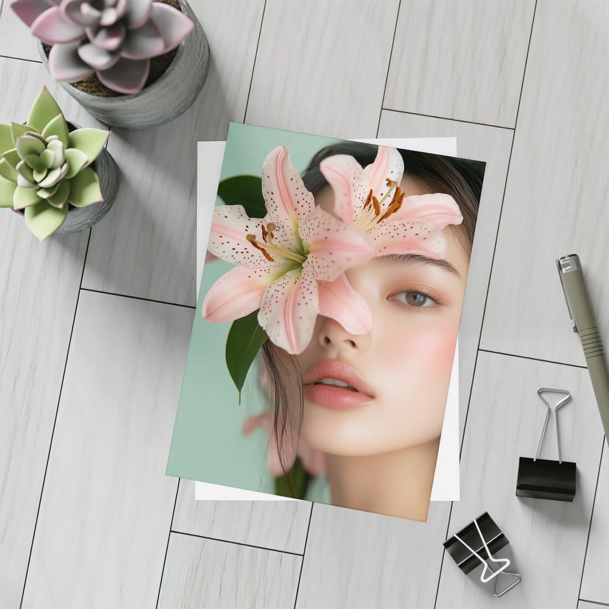 Asian Woman Portrait Pink Lily Flower – Postcards
