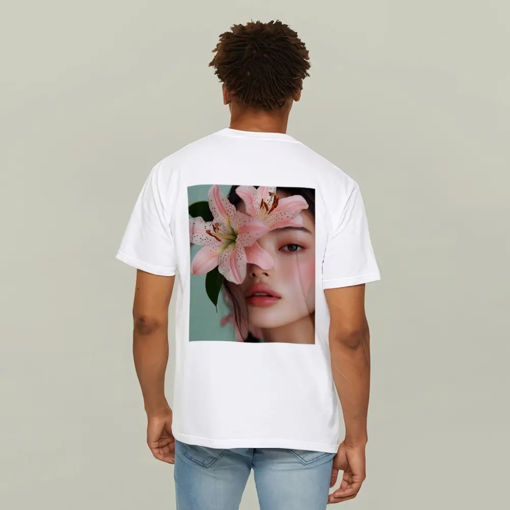 Asian Woman Portrait Pink Lily Flower – T-Shirts