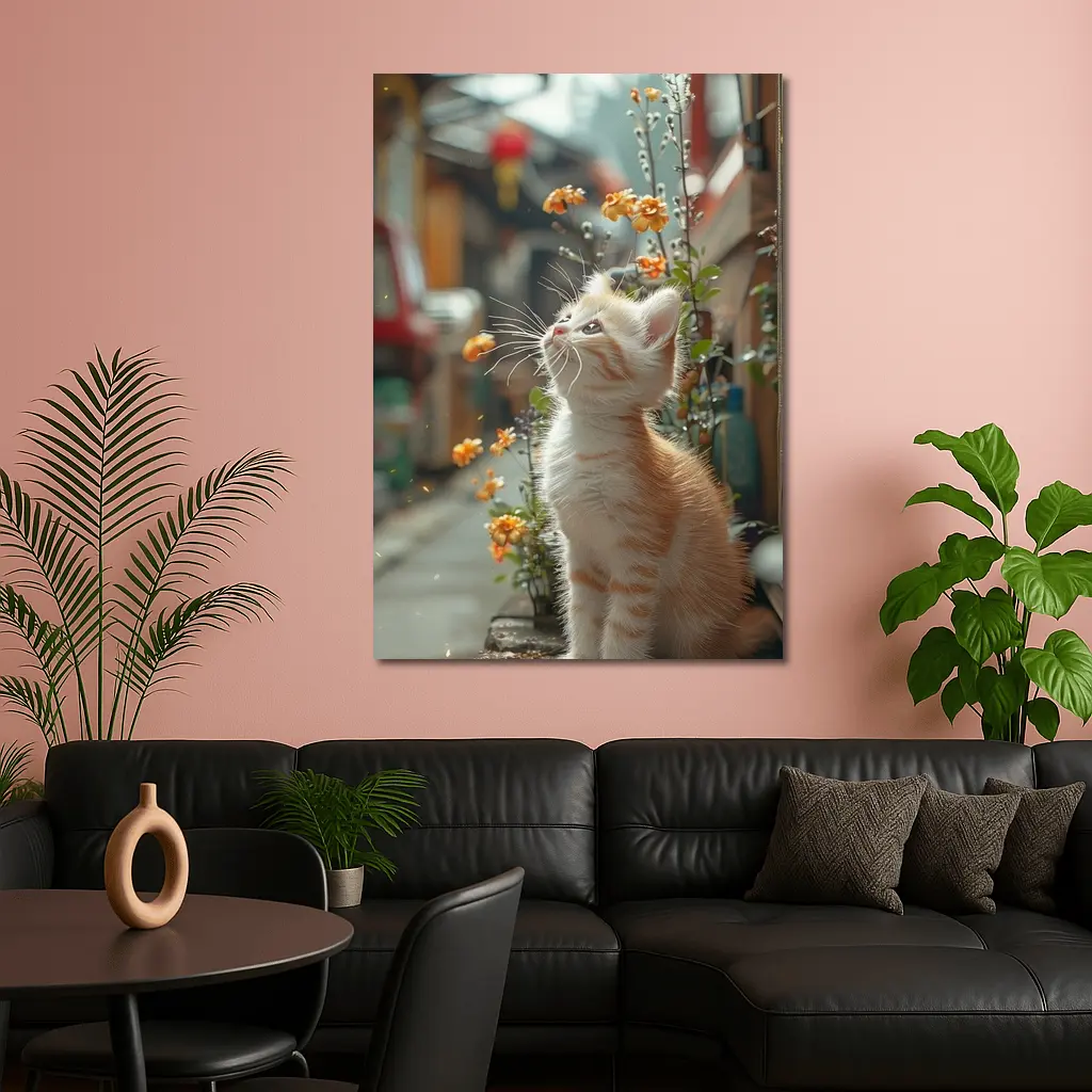 Ginger Kitten Sitting By Street Flowers – Wall Art