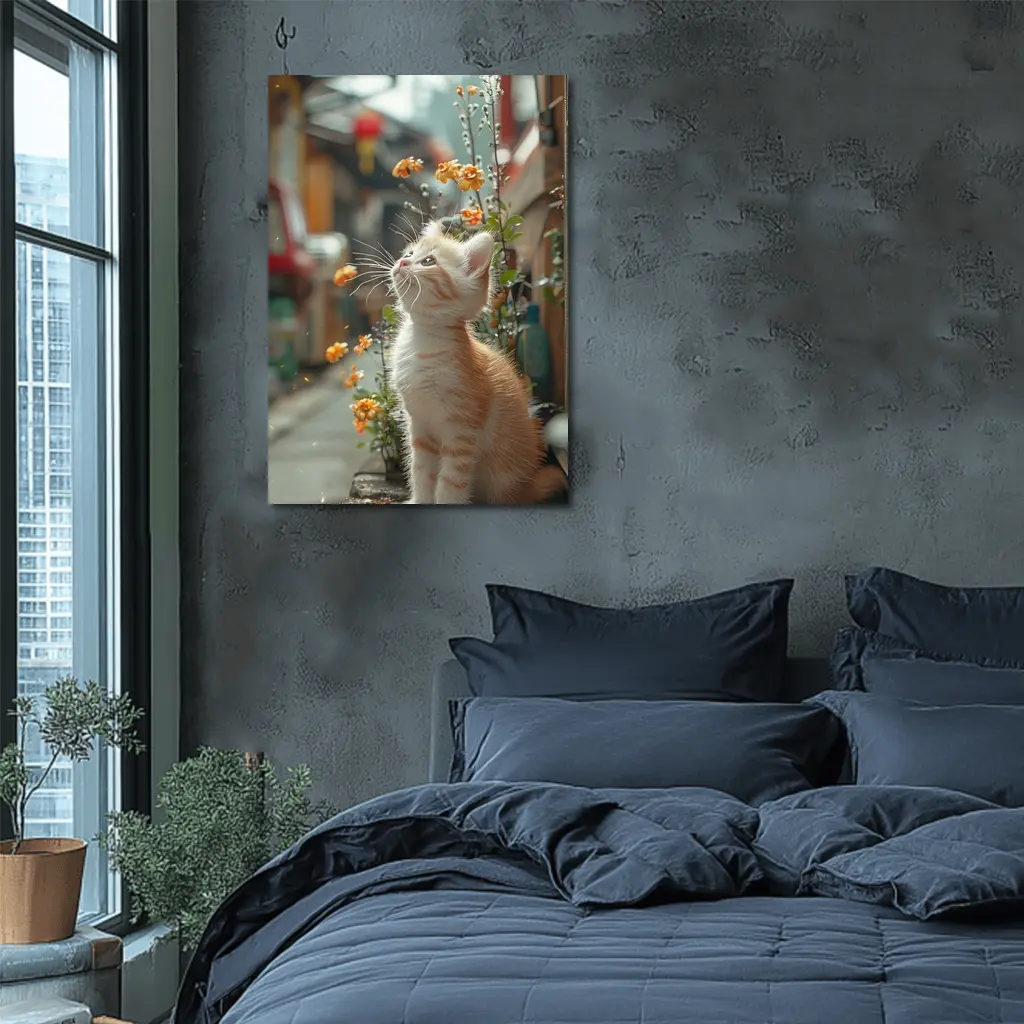 Ginger Kitten Sitting By Street Flowers – Wall Art