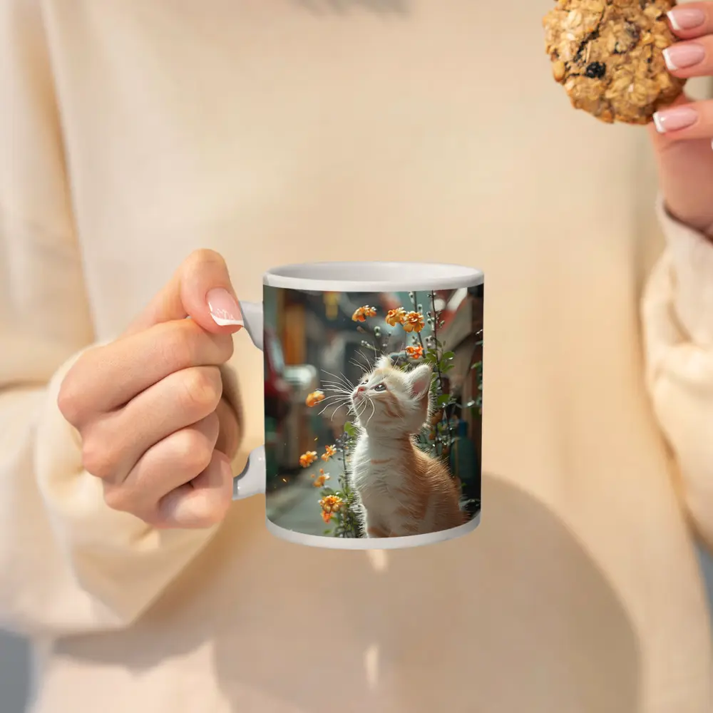 Ginger Kitten Sitting By Street Flowers – Mugs