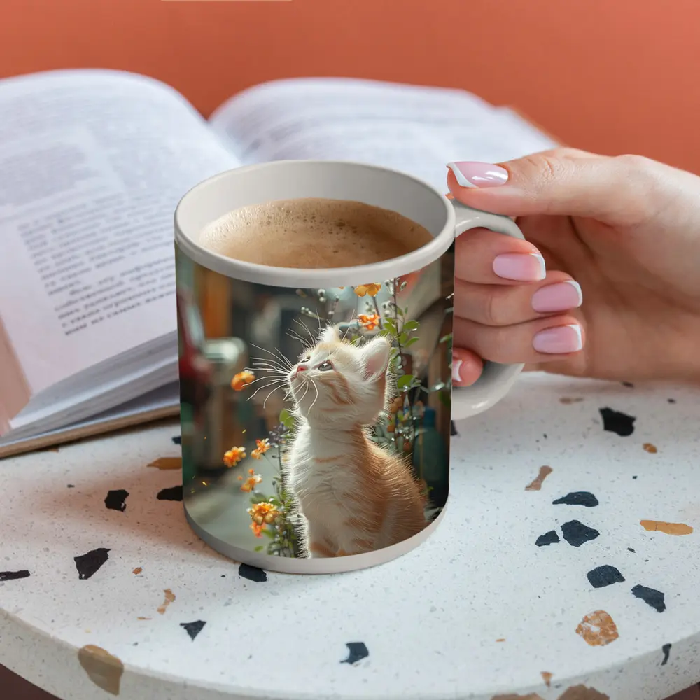Ginger Kitten Sitting By Street Flowers – Mugs