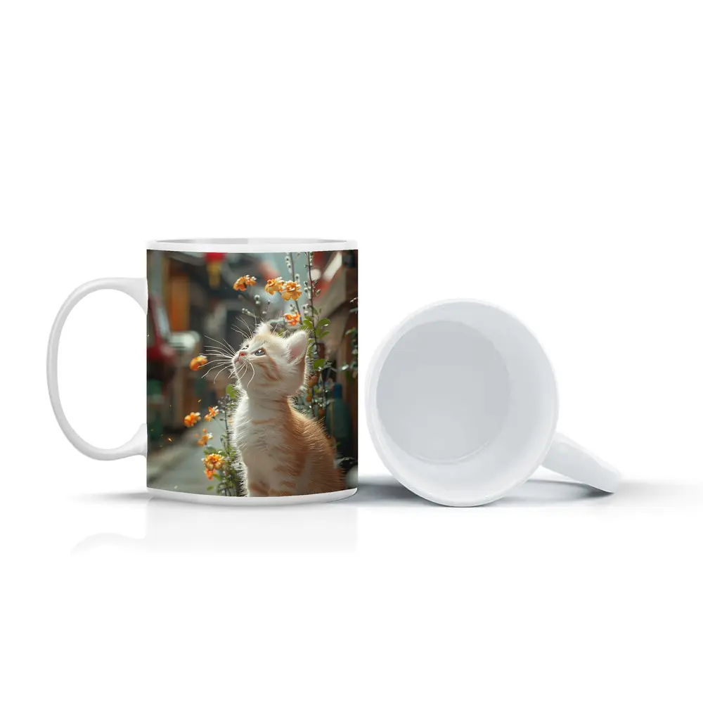 Ginger Kitten Sitting By Street Flowers – Mugs