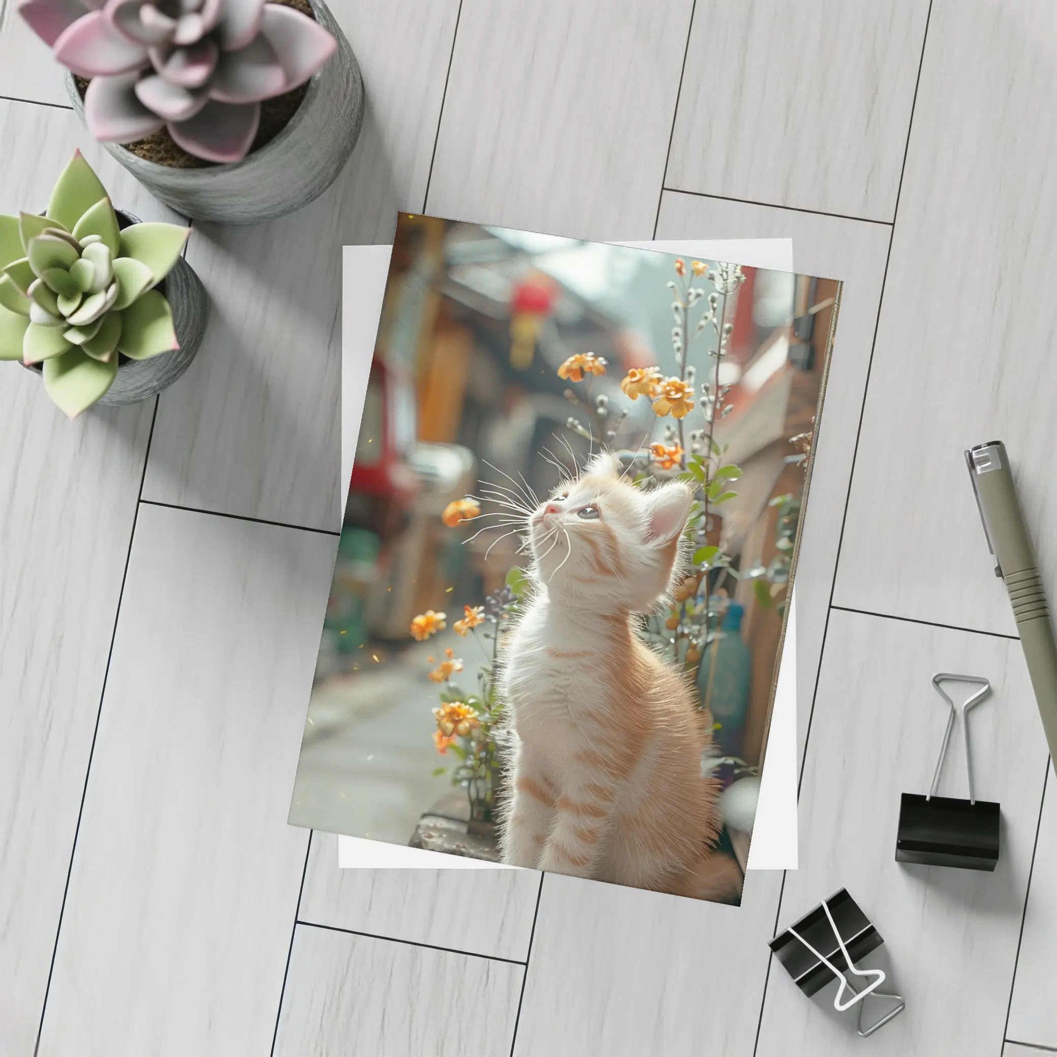 Ginger Kitten Sitting By Street Flowers – Postcards